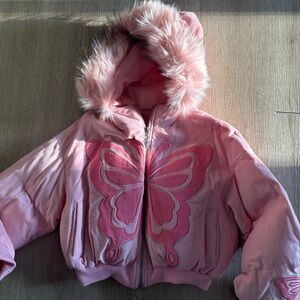 Dolls Kill Pink Faux Fur Hood Butterfly Bomber Jacket
